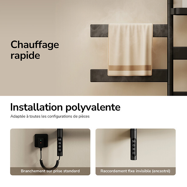 EMKE - EMKE Sèche-serviettes Électrique 76,9 x 45 cm, Barres pivotantes 180 degrés avec Étagère, WiFi App/Alexa, 120W, Noir - large
