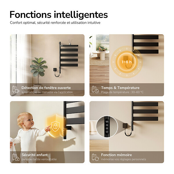 EMKE - EMKE Sèche-serviettes Électrique 76,9 x 45 cm, Barres pivotantes 180 degrés avec Étagère, WiFi App/Alexa, 120W, Noir - large