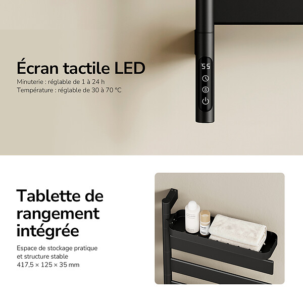 EMKE - EMKE Sèche-serviettes Électrique 76,9 x 45 cm, Barres pivotantes 180 degrés avec Étagère, WiFi App/Alexa, 120W, Noir - large