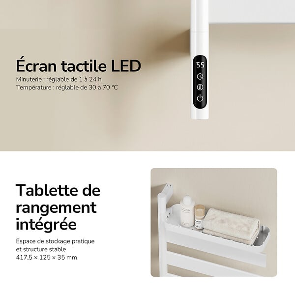 EMKE - EMKE Sèche-serviettes Électrique 76,9 x 45 cm, Barres pivotantes 180 degrés avec Étagère, WiFi App/Alexa, 120W, Blanc - large