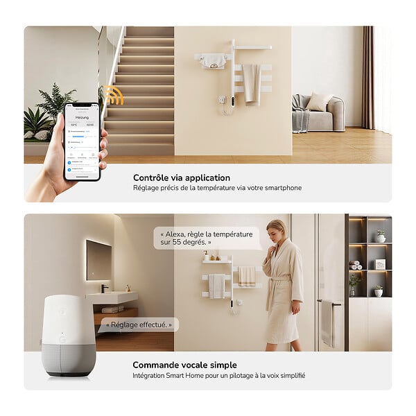 EMKE - EMKE Sèche-serviettes Électrique 76,9 x 45 cm, Barres pivotantes 180 degrés avec Étagère, WiFi App/Alexa, 120W, Blanc - large