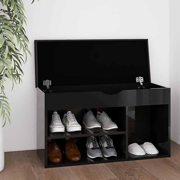 VIDAXL - vidaXL Banc à  chaussures et coussin Noir brillant Bois d'ingénierie - large