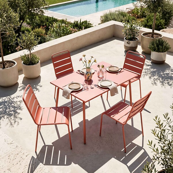 OVIALA - Ensemble table de jardin en métal et 4 chaises argile - Palavas - large