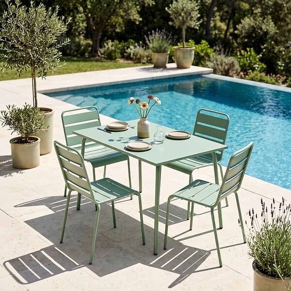 OVIALA - Ensemble table de jardin en métal et 4 chaises vert sauge - Palavas - large