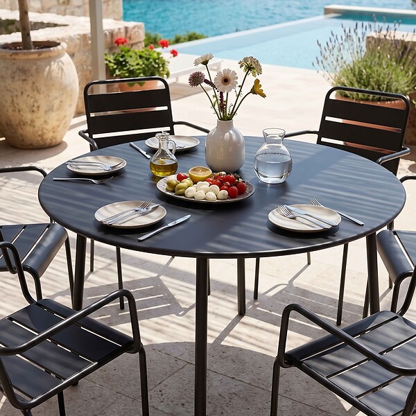 OVIALA - Ensemble table de jardin ronde et 6 fauteuils acier gris - Palavas - large