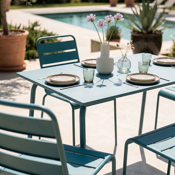 OVIALA - Ensemble table de jardin en métal et 4 chaises bleu pacific - Palavas - large