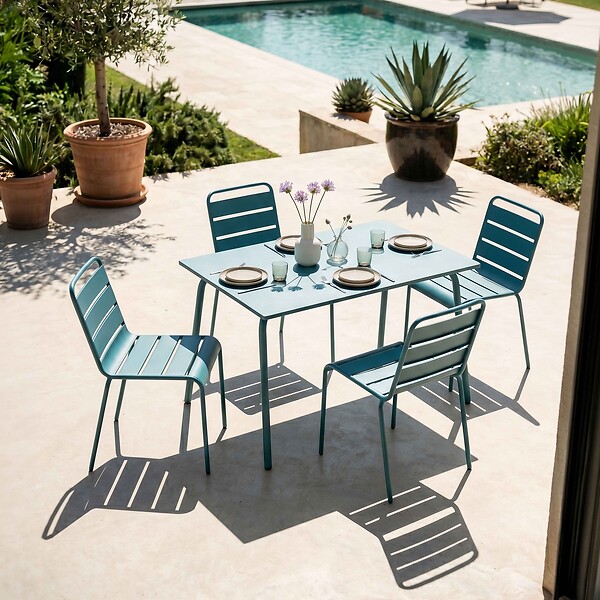 OVIALA - Ensemble table de jardin en métal et 4 chaises bleu pacific - Palavas - large