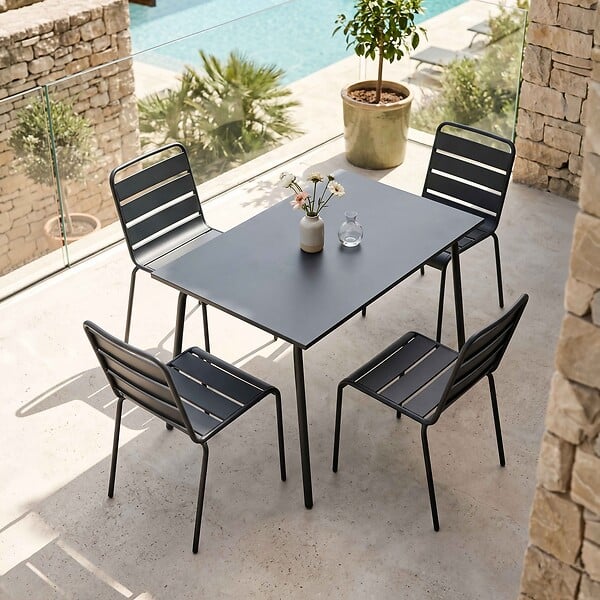 OVIALA - Ensemble table de jardin en métal et 4 chaises anthracite - Palavas - large