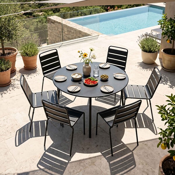OVIALA - Ensemble table de jardin ronde et 6 chaises en métal anthracite - Palavas - large