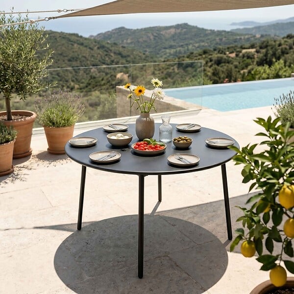 OVIALA - Ensemble table de jardin ronde et 6 chaises en métal anthracite - Palavas - large