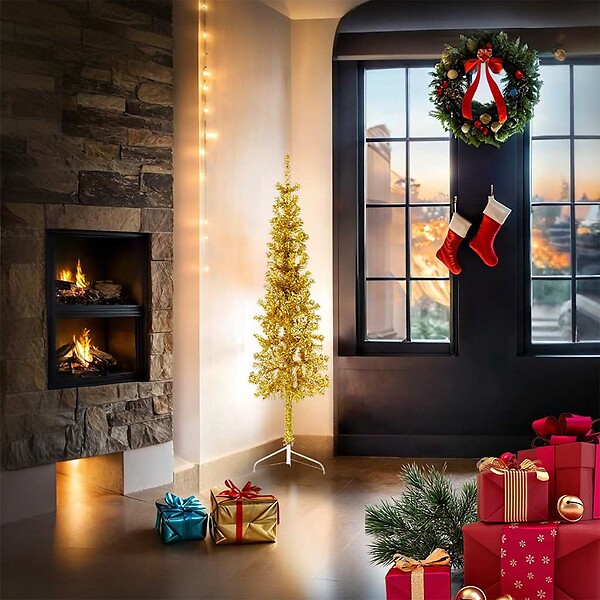 VIDAXL - vidaXL Demi sapin de Noël artificiel mince avec support Doré 150 cm - large