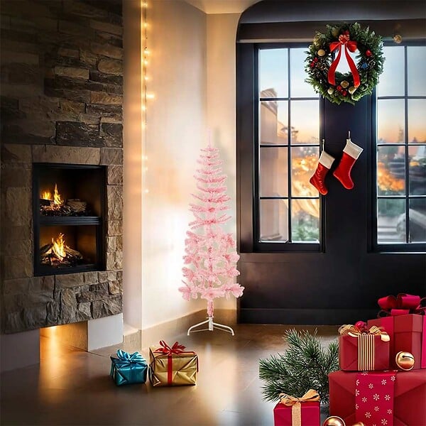 VIDAXL - vidaXL Demi sapin de Noël artificiel mince avec support Rose 120 cm - large