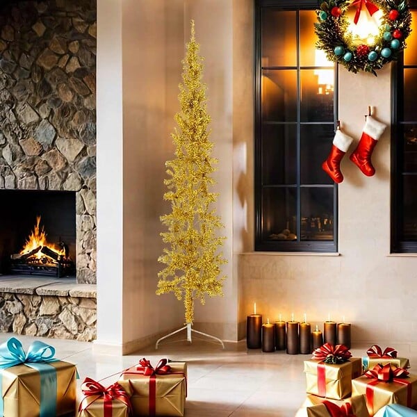 VIDAXL - vidaXL Demi sapin de Noël artificiel mince avec support Doré 180 cm - large