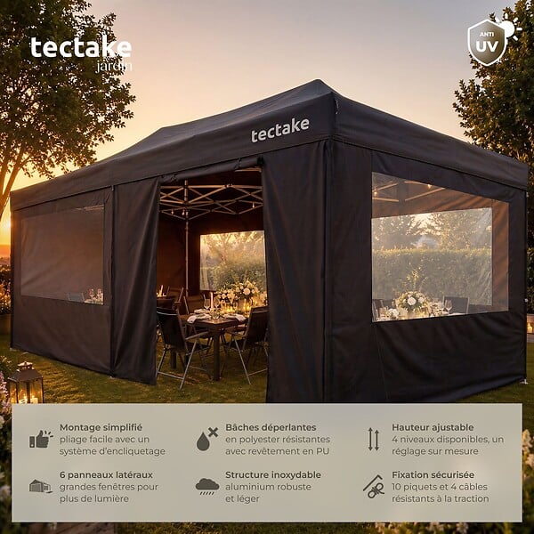 TECTAKE - Pavillon pliable Viola 3 x 6 m, aluminium, 6 panneaux latéraux noir - large