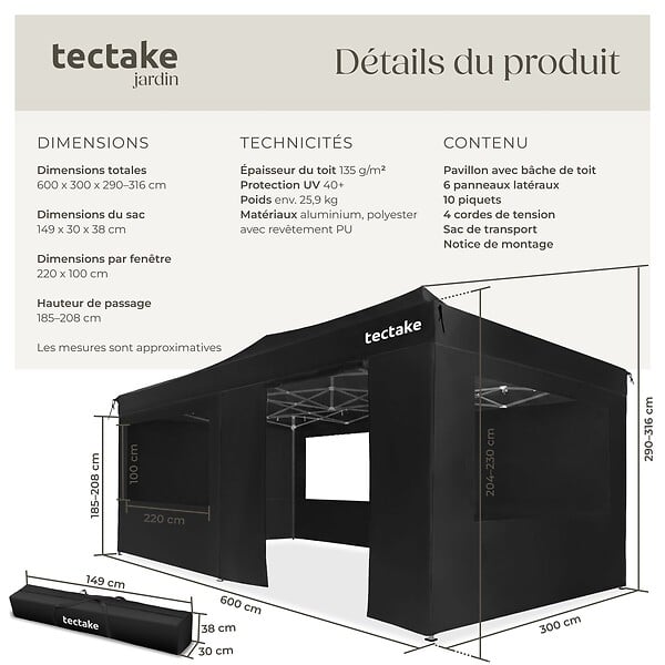 TECTAKE - Pavillon pliable Viola 3 x 6 m, aluminium, 6 panneaux latéraux noir - large