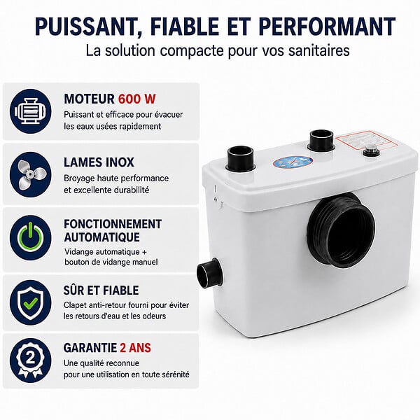 GT MARKET - Broyeur sanitaire WC, pompe de relevage 600 watts - large