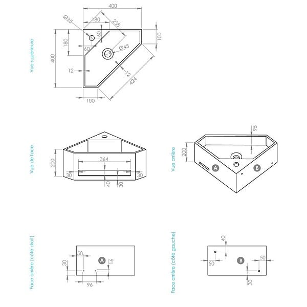 THALASSOR - COSY 40 - Lave-mains d'angle en Solid Surface 40 x 40 x 20(h) cm - large
