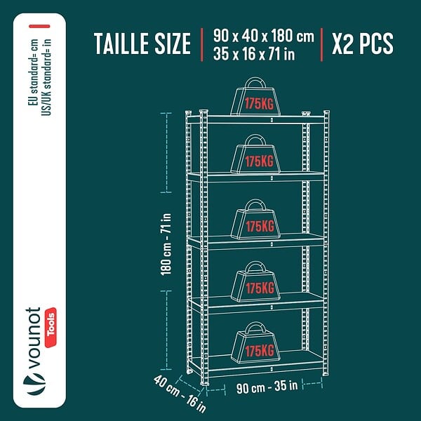 VOUNOT - Lot de 2 etageres de rangement charge lourde robuste 5 niveaux 180x90x40cm - large