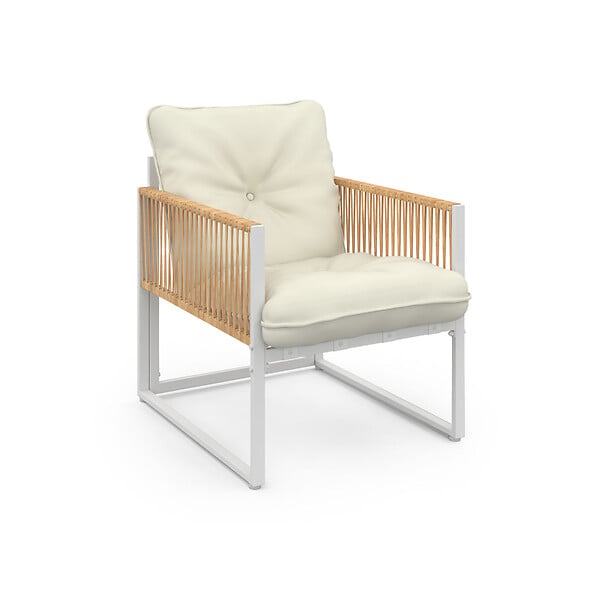 ID MARKET - Salon de jardin bas RIO 4 places structure métal blanc, cordage effet rotin clair et coussins beiges - large