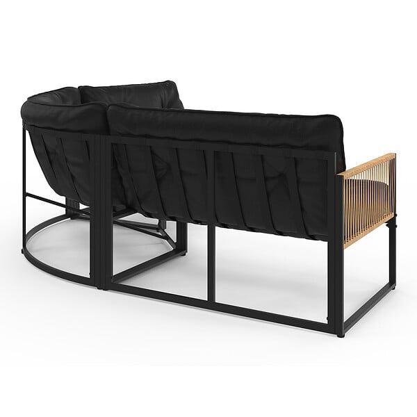 ID MARKET - Salon de jardin bas RIO 6 places salon d'angle structure métal et cordage effet rotin avec coussin noir - large