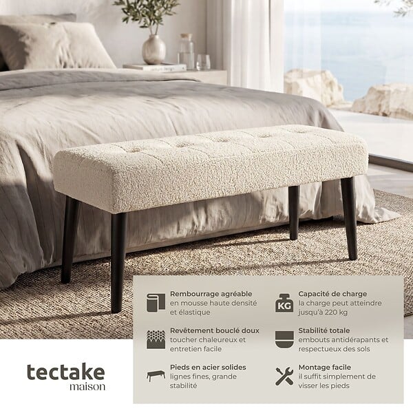 TECTAKE - banc rembourré motif matelassé scandinave en bouclé crème pieds acier 95x38x45cm confortable et élégant - large