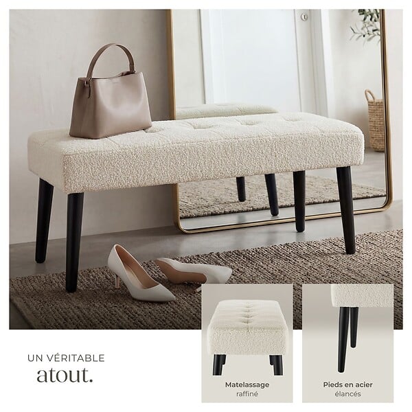 TECTAKE - banc rembourré motif matelassé scandinave en bouclé crème pieds acier 95x38x45cm confortable et élégant - large