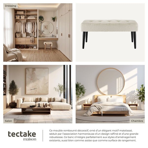 TECTAKE - banc rembourré motif matelassé scandinave en bouclé crème pieds acier 95x38x45cm confortable et élégant - large
