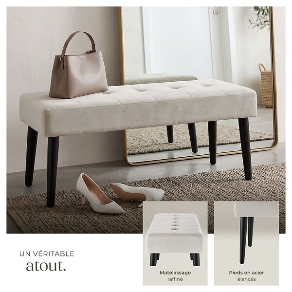 TECTAKE - banc rembourré motif matelassé en velours taupe pieds acier stable 95x38x45 cm - large