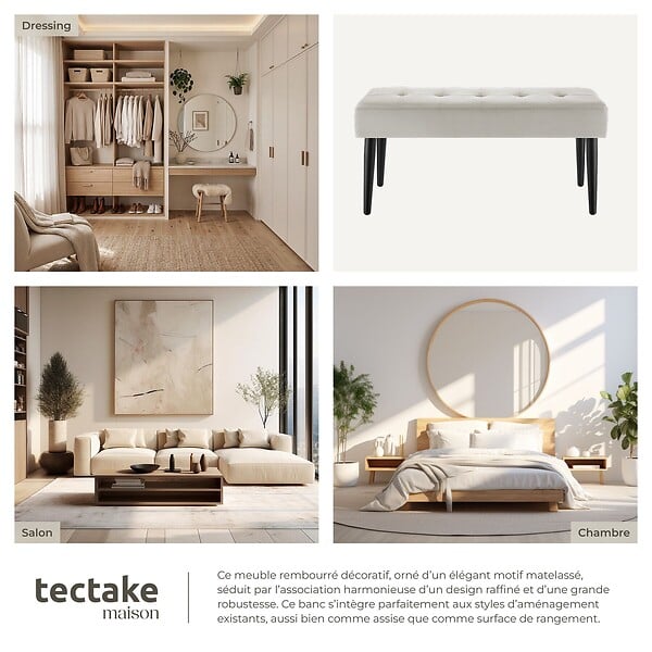 TECTAKE - banc rembourré motif matelassé en velours taupe pieds acier stable 95x38x45 cm - large