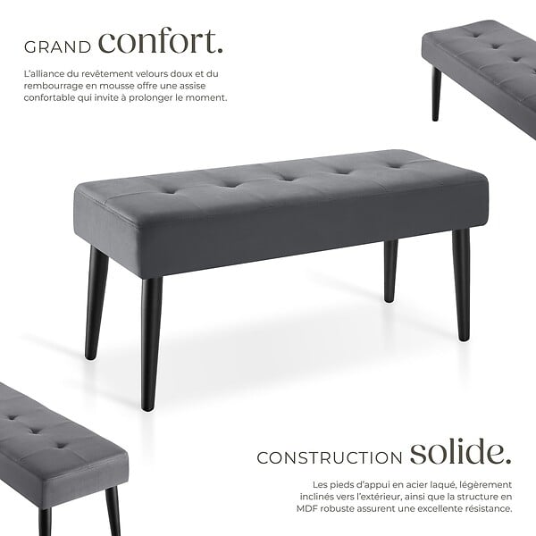 TECTAKE - banc rembourré en velours gris motif matelassé 95x38x45 cm charge 220 kg robustesse confort assise - large