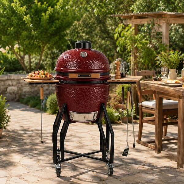 INTEC - Barbecue à charbon de bois Céramique Kamado Rouge 2 zones de cuisson Grill & Fumoir Ø56cm - Barbecue mobile + 2 tablettes INTEC - large