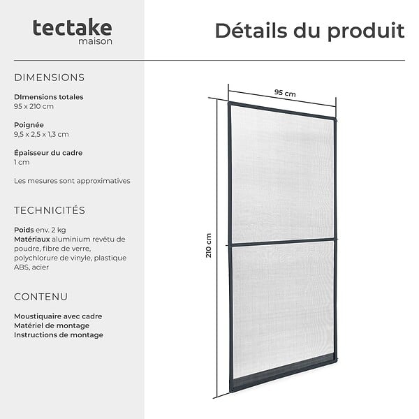 TECTAKE - Moustiquaire avec cadre en aluminium pour portes, 210 x 95 cm gris anthracite - large