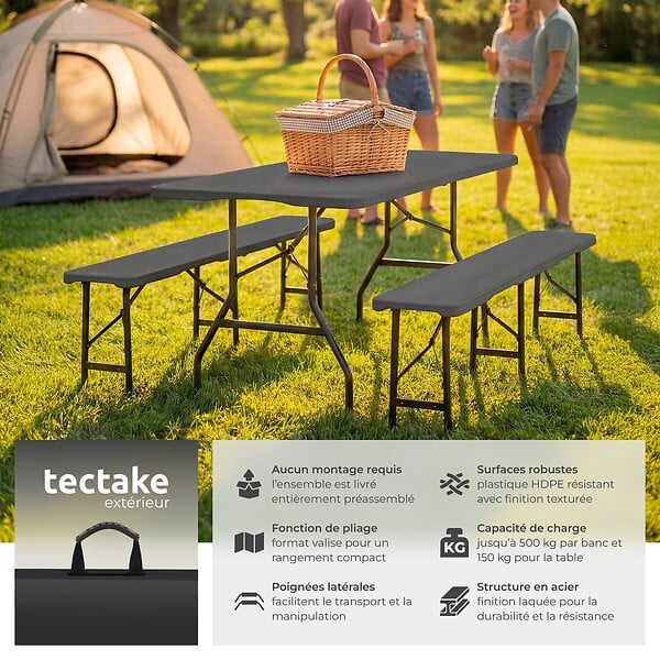TECTAKE - 8 Places ensemble de table de camping pliable résistant aux intempéries gris anthracite compact verrouillage sécurité - large