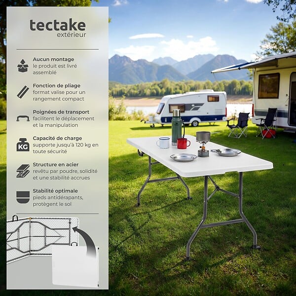 TECTAKE - Table de camping pliable résistante aux intempéries blanche avec poignée de transport 180 x 70 x 74 cm - large