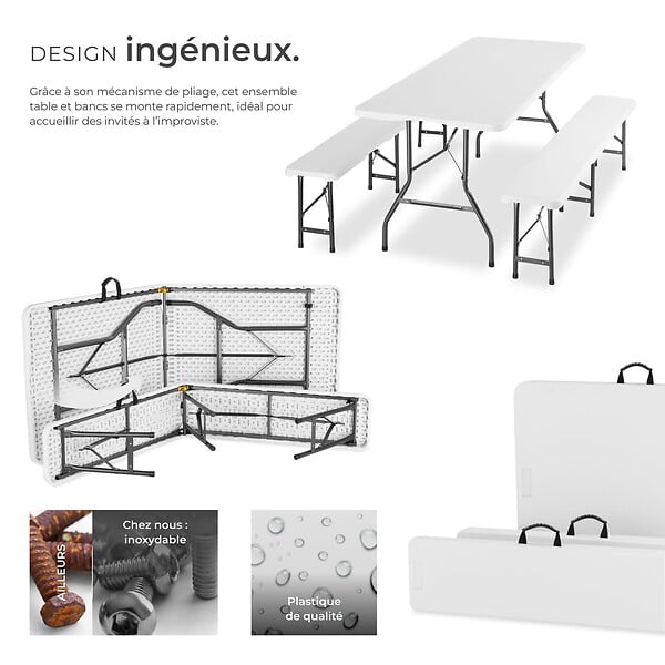 TECTAKE - 8 Places ensemble mobilier de camping pliable résistant aux intempéries blanc compact en polyéthylène acier 180 x 70 x 74 cm - large