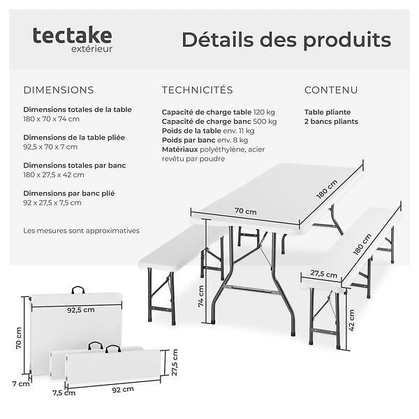 TECTAKE - 8 Places ensemble mobilier de camping pliable résistant aux intempéries blanc compact en polyéthylène acier 180 x 70 x 74 cm - large