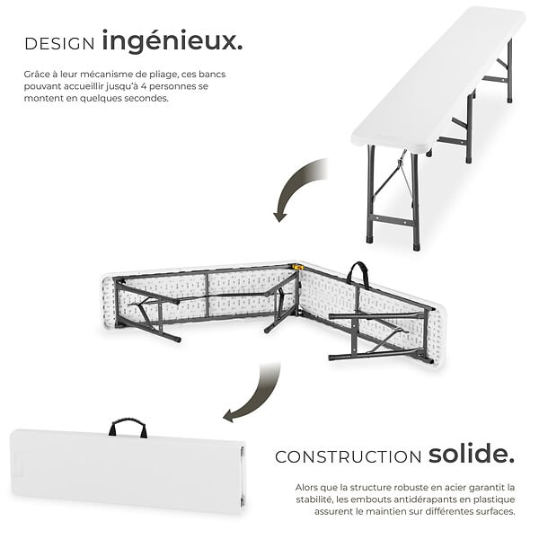 TECTAKE - Lot 2 bancs pliants camping blanc en aluminium charge 500 kg pliables compacts avec mallette - large