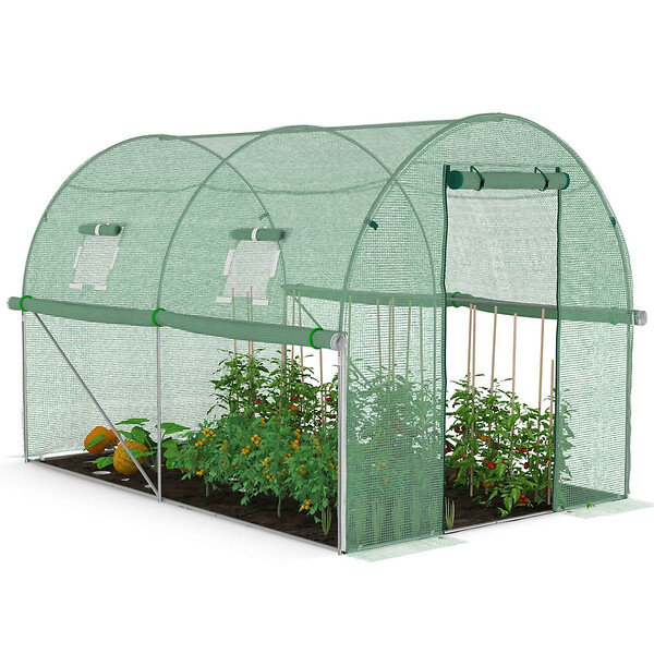 ID MARKET - Serre de jardin tunnel 6m² 3 x 2 x 2 m acier galvanisé + bâche anti-UV avec porte et fenêtres ROMA verte toutes saisons - large