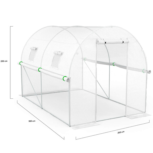 ID MARKET - Serre de jardin tunnel 6m² 3 x 2 x 2 m acier galvanisé + bâche anti-UV avec porte et fenêtres ROMA blanche toutes saisons - large