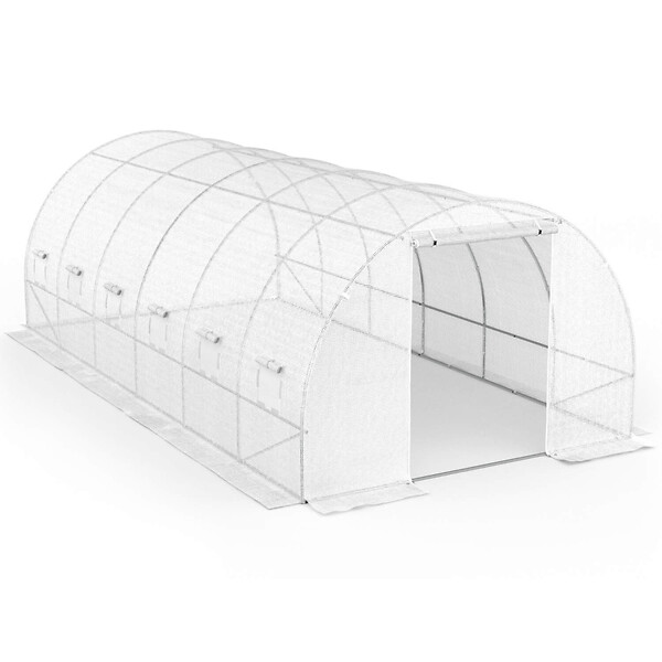 ID MARKET - Serre de jardin tunnel 18m² 6 x 3 x 2 m acier galvanisé + bâche anti-UV avec porte et fenêtres CRIMÉE blanche - large