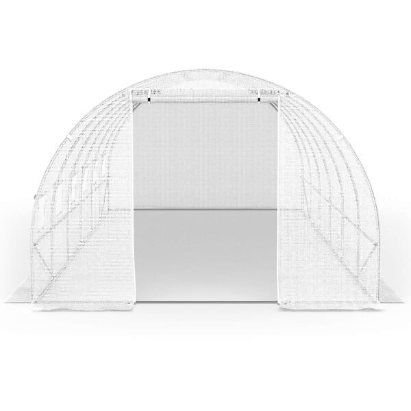 ID MARKET - Serre de jardin tunnel 18m² 6 x 3 x 2 m acier galvanisé + bâche anti-UV avec porte et fenêtres CRIMÉE blanche - large