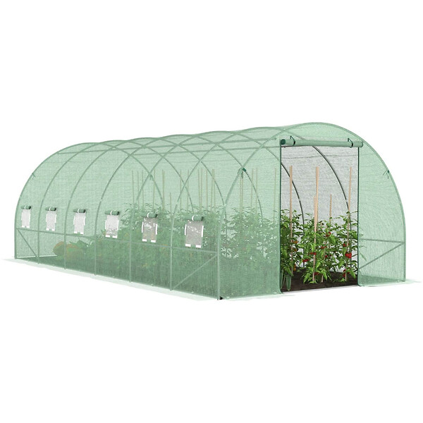 ID MARKET - Serre de jardin tunnel 18m² 6 x 3 x 2 m acier galvanisé + bâche anti-UV avec porte et fenêtres CRIMÉE verte - large