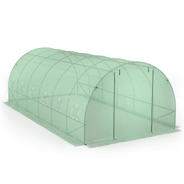 ID MARKET - Serre de jardin tunnel 18m² 6 x 3 x 2 m acier galvanisé + bâche anti-UV avec porte et fenêtres CRIMÉE verte - large