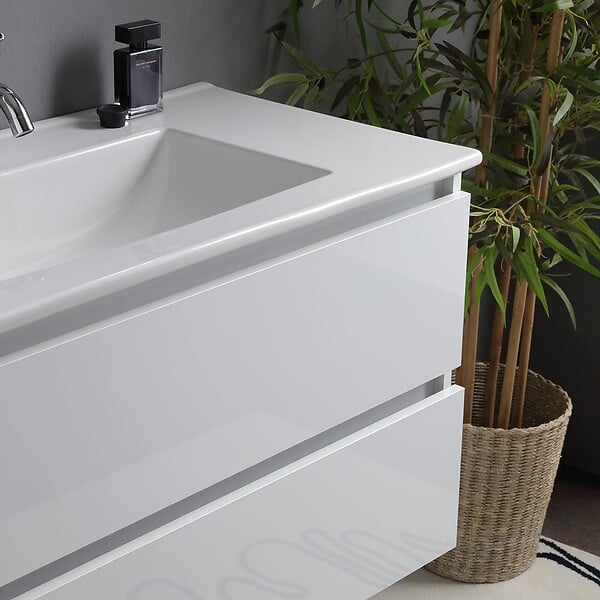 KIAMAMI VALENTINA - Meuble De Salle De Bains Suspendu 90Cm 2 Tiroirs Blanc Brillant, Miroir Avec Lampe | Benaco - large