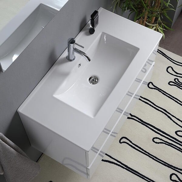 KIAMAMI VALENTINA - Meuble De Salle De Bains Suspendu 90Cm 2 Tiroirs Blanc Brillant, Miroir Avec Lampe | Benaco - large