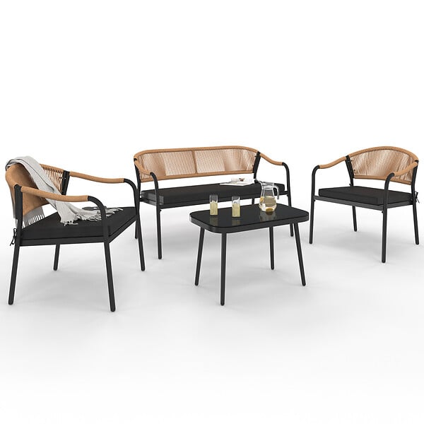 ID MARKET - Salon de jardin bas MADEIRA 4 places structure en métal noir, cordage et coussins noirs - large