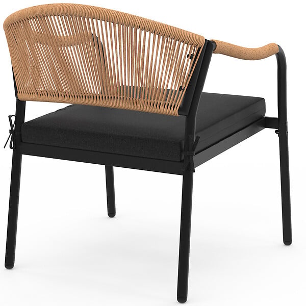 ID MARKET - Salon de jardin bas MADEIRA 4 places structure en métal noir, cordage et coussins noirs - large
