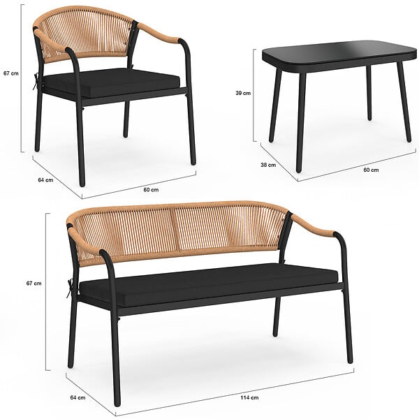 ID MARKET - Salon de jardin bas MADEIRA 4 places structure en métal noir, cordage et coussins noirs - large