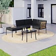ID MARKET - Salon de jardin bas RIO 4 places modulable structure métal noir, cordage effet rotin clair avec coussins noirs - vignette