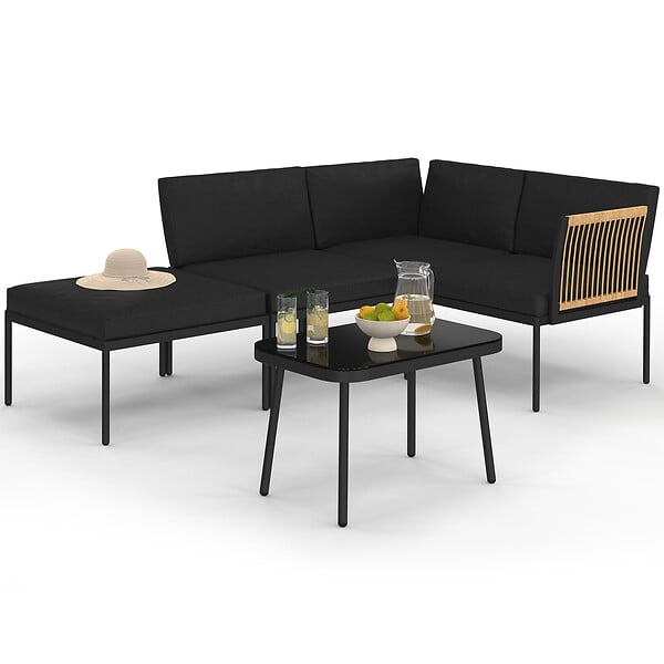 ID MARKET - Salon de jardin bas RIO 4 places modulable structure métal noir, cordage effet rotin clair avec coussins noirs - large